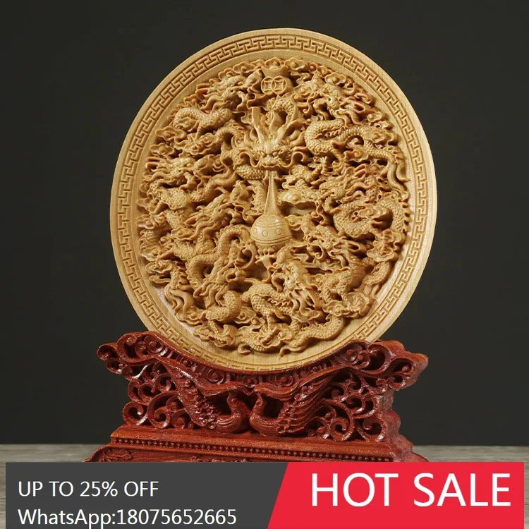MJY Solid Wood Carved Disc  Dragon Playing with Pearls Home Decoration Ornament Carp Leaping Over the Dragon Gate Decor
