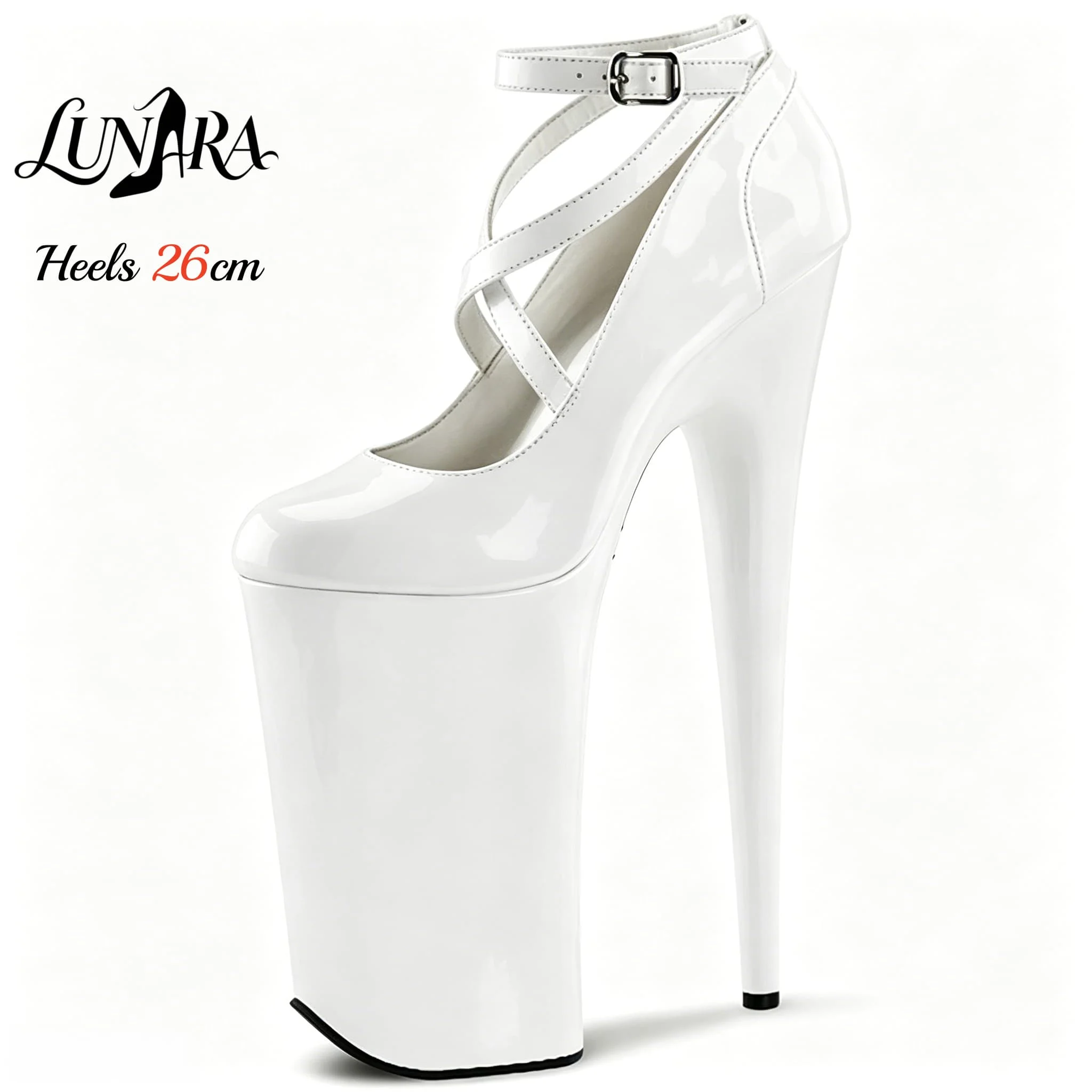 Womens 26cm/10Inch White Patent Ankle Strap Buckle Closed Toe Platform Extreme Stiletto Stripper Shoes Pole Dance Club Rave