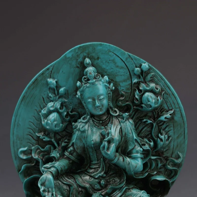 Chinese Antiques Turquoise Hand-carved Green Tara Buddha Statue