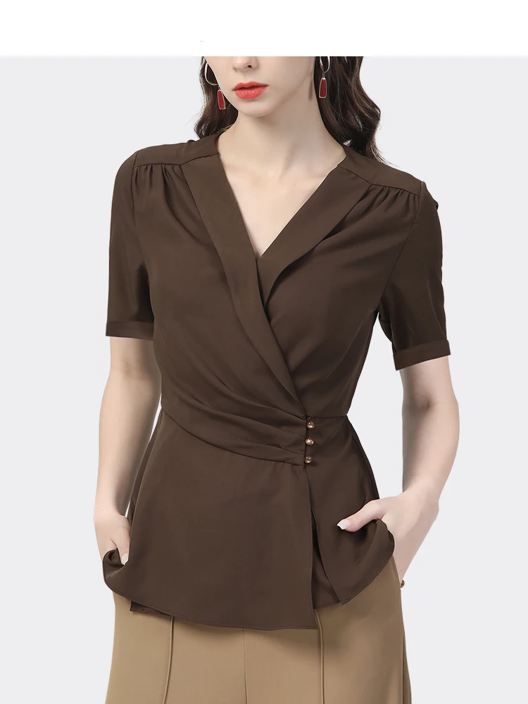 Fashion Slim Women\' Short Sleeve Lapel Collar Irregular Shirt Office Ladies Spring Summer Tops Chic Female Brown Small Shirt