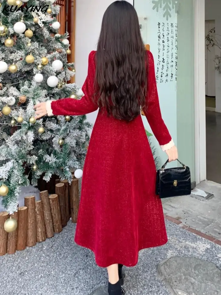 Autumn Elegant Party Dresses Woman Small Fragrant Sweet Bow Lace-up Wedding Evening Midi Dress Winter Christmas A-Line Vestidos