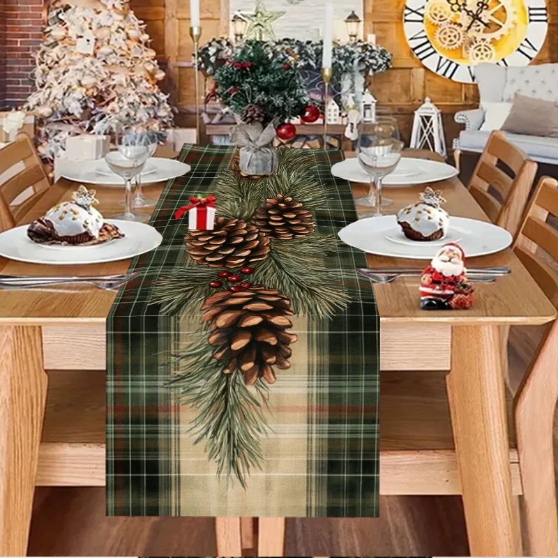 Vintage Pinecone Plaid Table Runner with Pinecone Patterns for Living Room Coffee Table Fireplace Decor