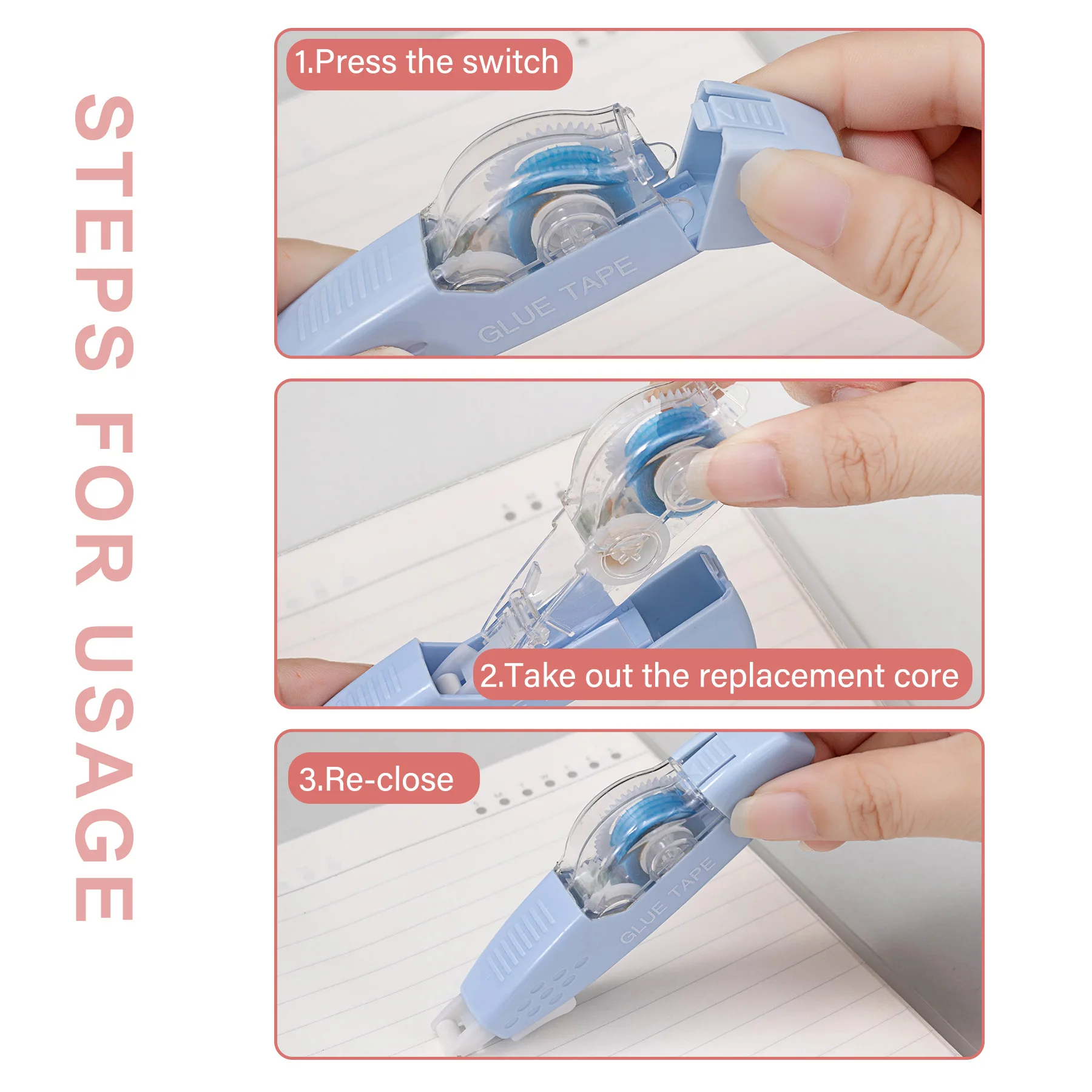 Cinta dispensadora de doble cara, núcleo interno reemplazable, suministros de papelería escolar para álbumes de recortes, cinta enrollable, 4 Uds.