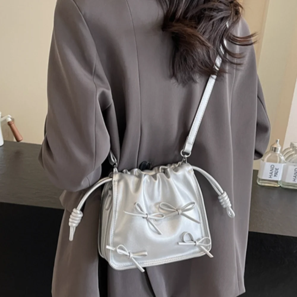 

Solid Color Summer Bowknot Bag High Quality PU Pleated Crossbody Bag Bucket Bag