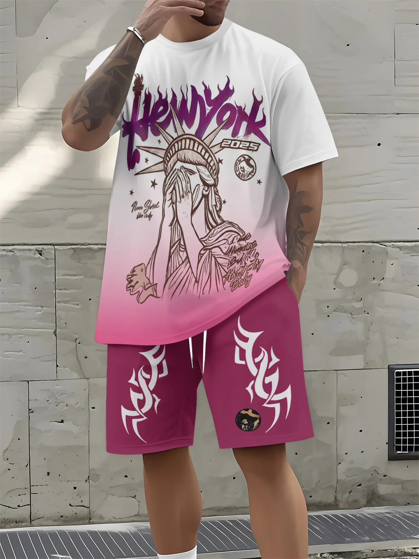 New men's summer Gothic Statue of Liberty print soft and breathable round neck T-shirt drawstring shorts set outdoor streetwear