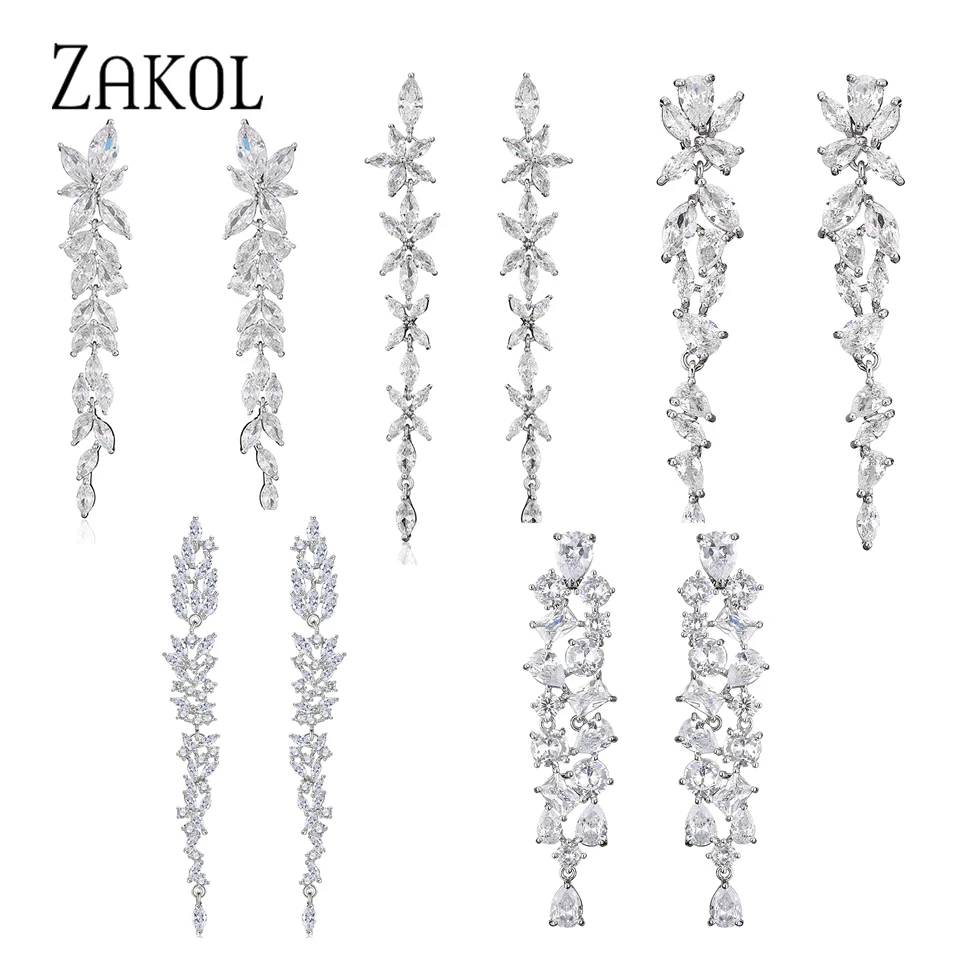 ZAKOL Elegant Shiny AAA Zircon Sliver Color Long Drop Earrings Gorgeous Bridal Wedding Party Jewelry