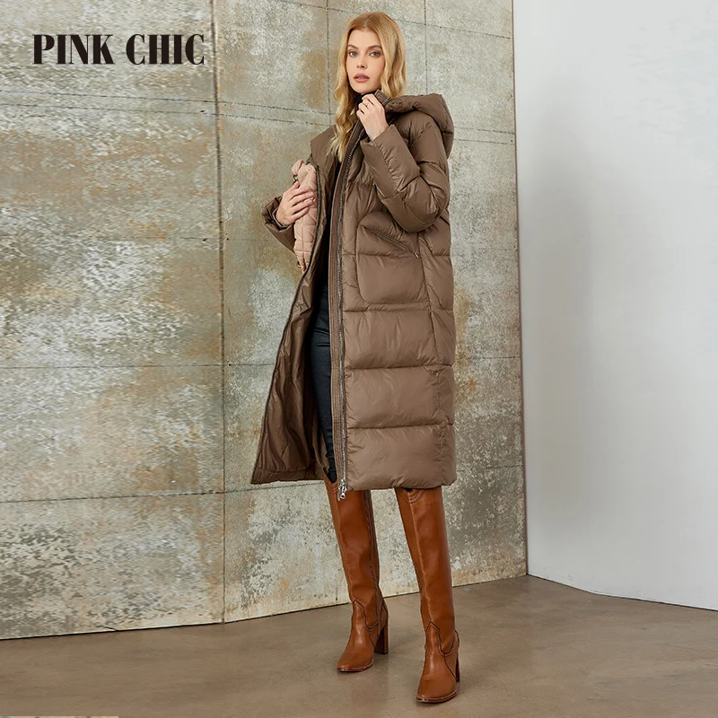 PINK CHIC 2023 New Winter Coat Women Down Jackets High Quality Dark Beige Warm Lace up Hooded Long version Parka Female W6650