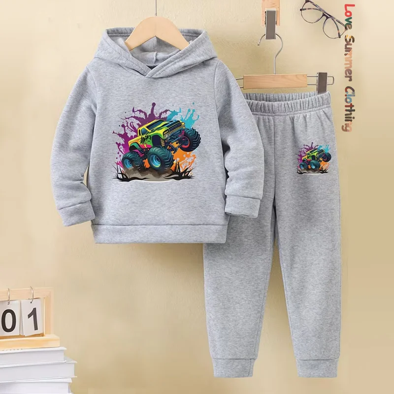 Set di 2 felpe con cappuccio per ragazzi, moto, escavatore, auto da strada, pantaloni sportivi termici a maniche lunghe, set di felpe con cappuccio, regalo ideale per l'abbigliamento quotidiano all'aperto