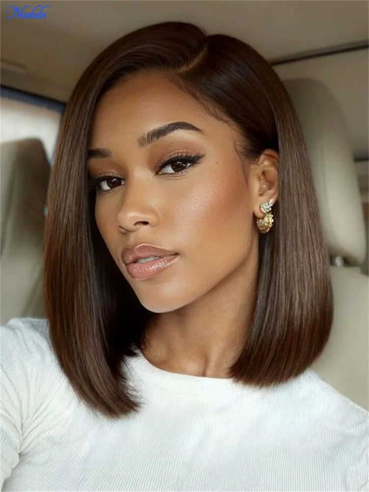 Nadula 7x5 Bye Bye Slip Bob Wig Human Hair Dark Chocolate Brown Yaki Straight Side Part Pre Cut HD Transparent Lace Pre Bleached Tiny Knots Pre Plucked Drawstring Glueless Wig Ready to Wear Ship from US Warehouse 30 Days No Reason Easy Free Local Return