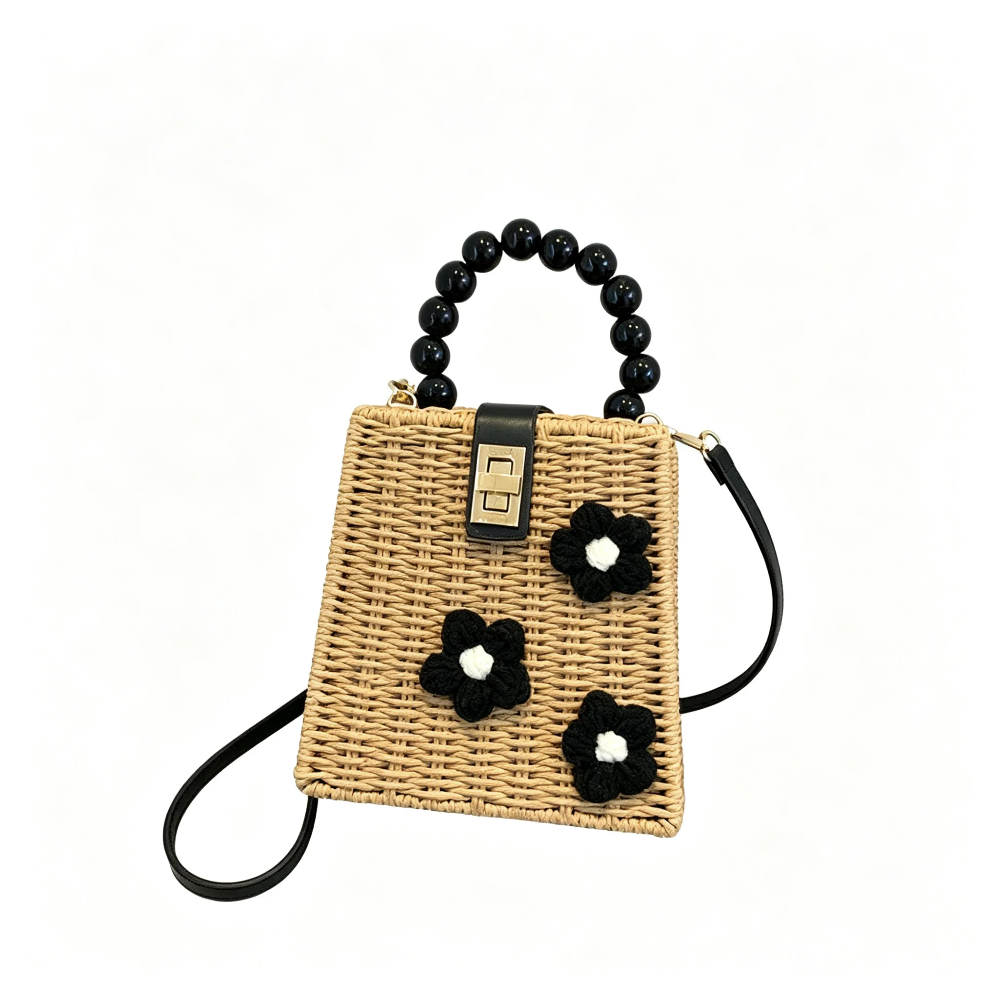 Beige Khaki Straw Woven Box Flower Cottage Core Handbag Beaded Handle Flower Decor French Summer Beach Crossbody Bag For Girls