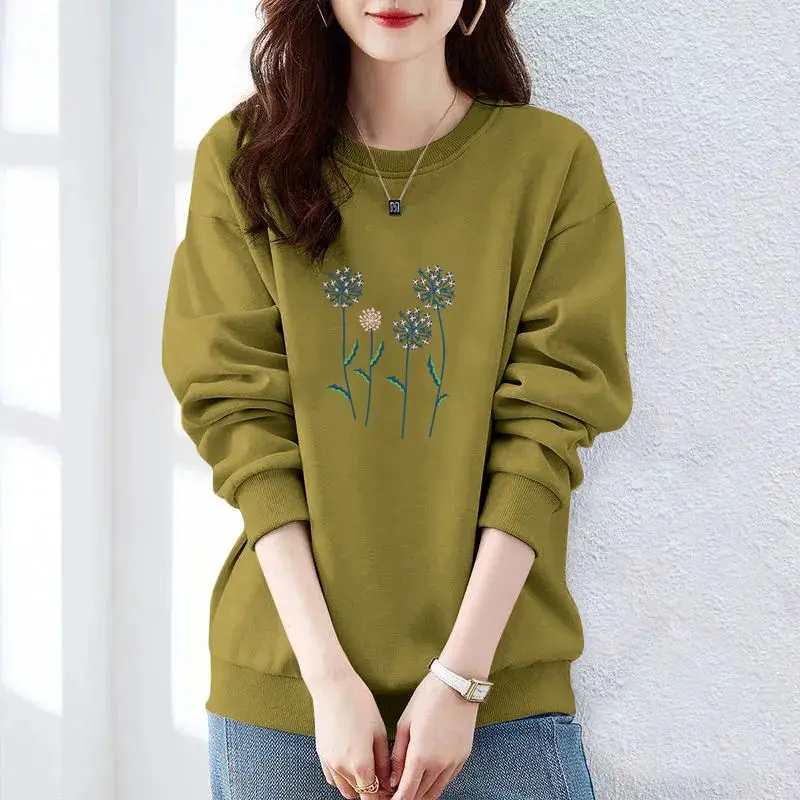 Autumn and Winter Women\'s Crew Neck Long Sleeves Printing Loose Pullovers Korean Hoodies Fashion Classic Casual All Match Tops