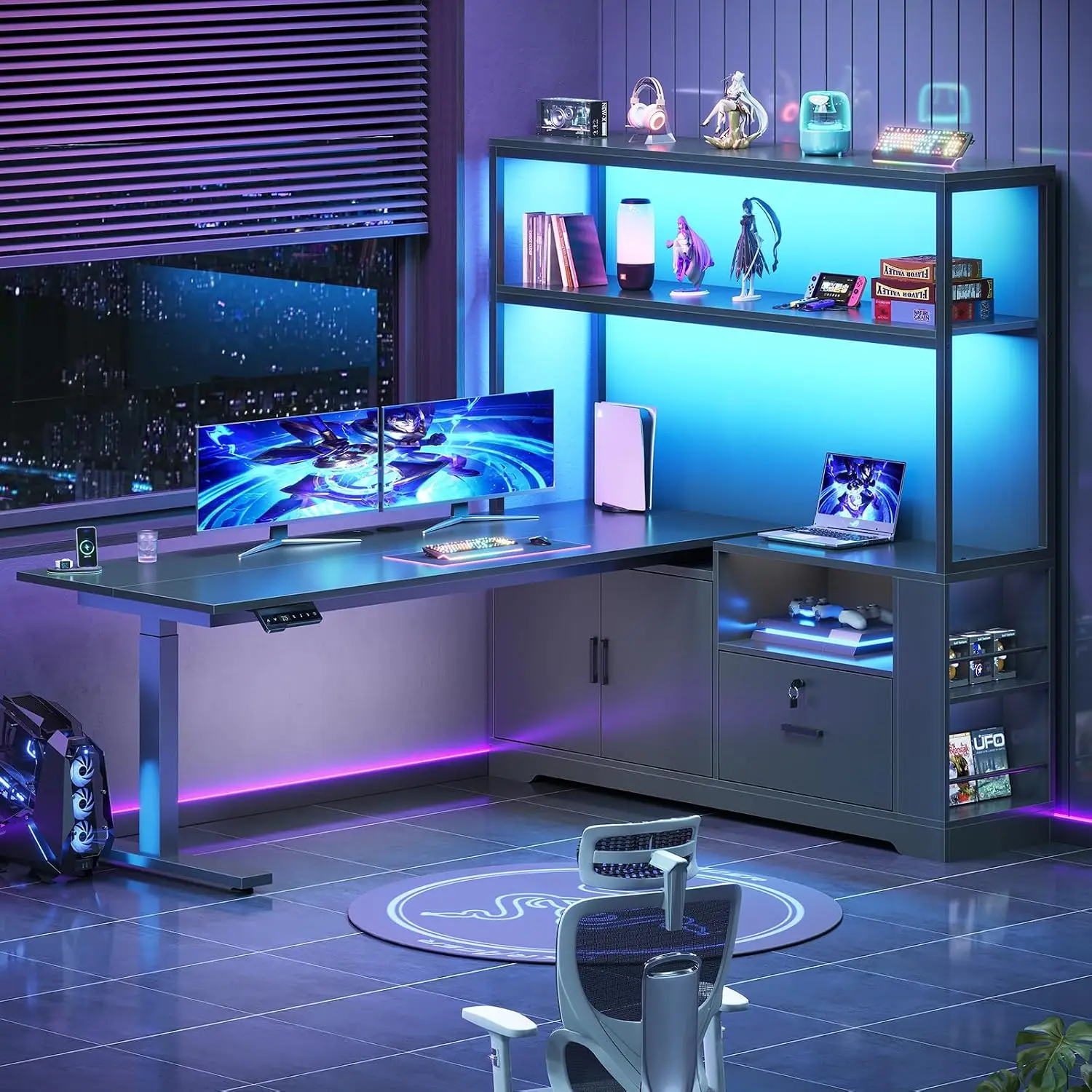 L Shaped Standing Desk with Hutch, Drawer, Shelves, LED & Power Outlet, Reversible Corner Sit Stand Desk, 57 Inch, Customized