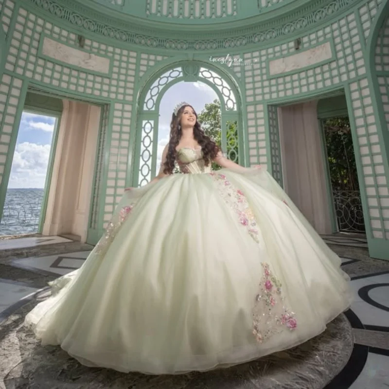 

Light Green Dresses off-shoulder Glitter Flower Decal Lace Layering Long tail Bow Vestido De 15 Quinceanera Customize