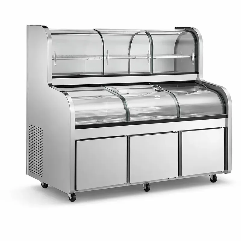 Countertop Cooked Food Display Cabinet Curved Glass Raw Meat Showcase Refrigerator with Bottom Storage