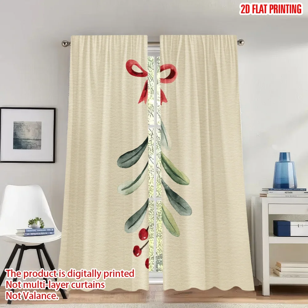 

2pcs 2D flat printing Christmas Classic Hot Curtains Christmas mistletoe watercolor berries Digital Printed Polyester Drapes