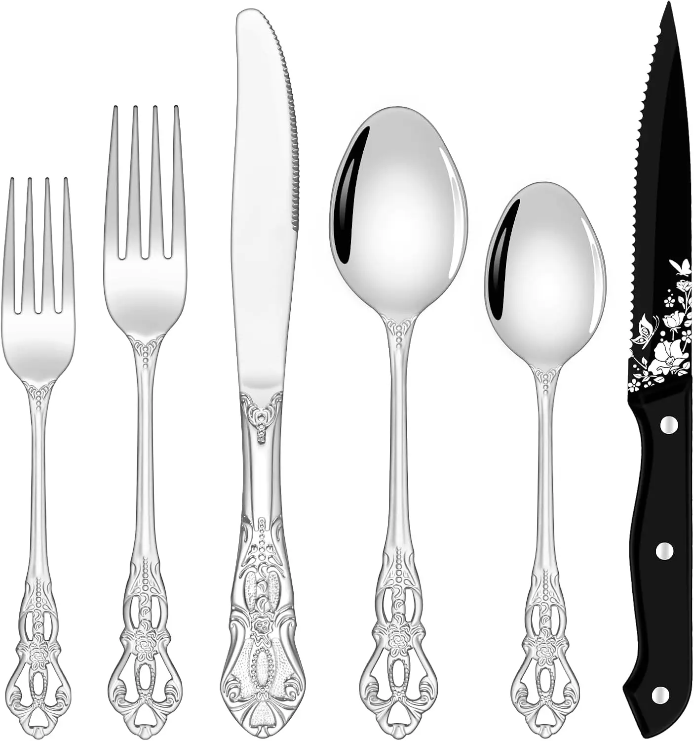 

48-Piece Retro Silverware Set for 8, Stainless Steel Cutlery with Forks Spoons Knives, Mirror Polished Dishwasher Safe