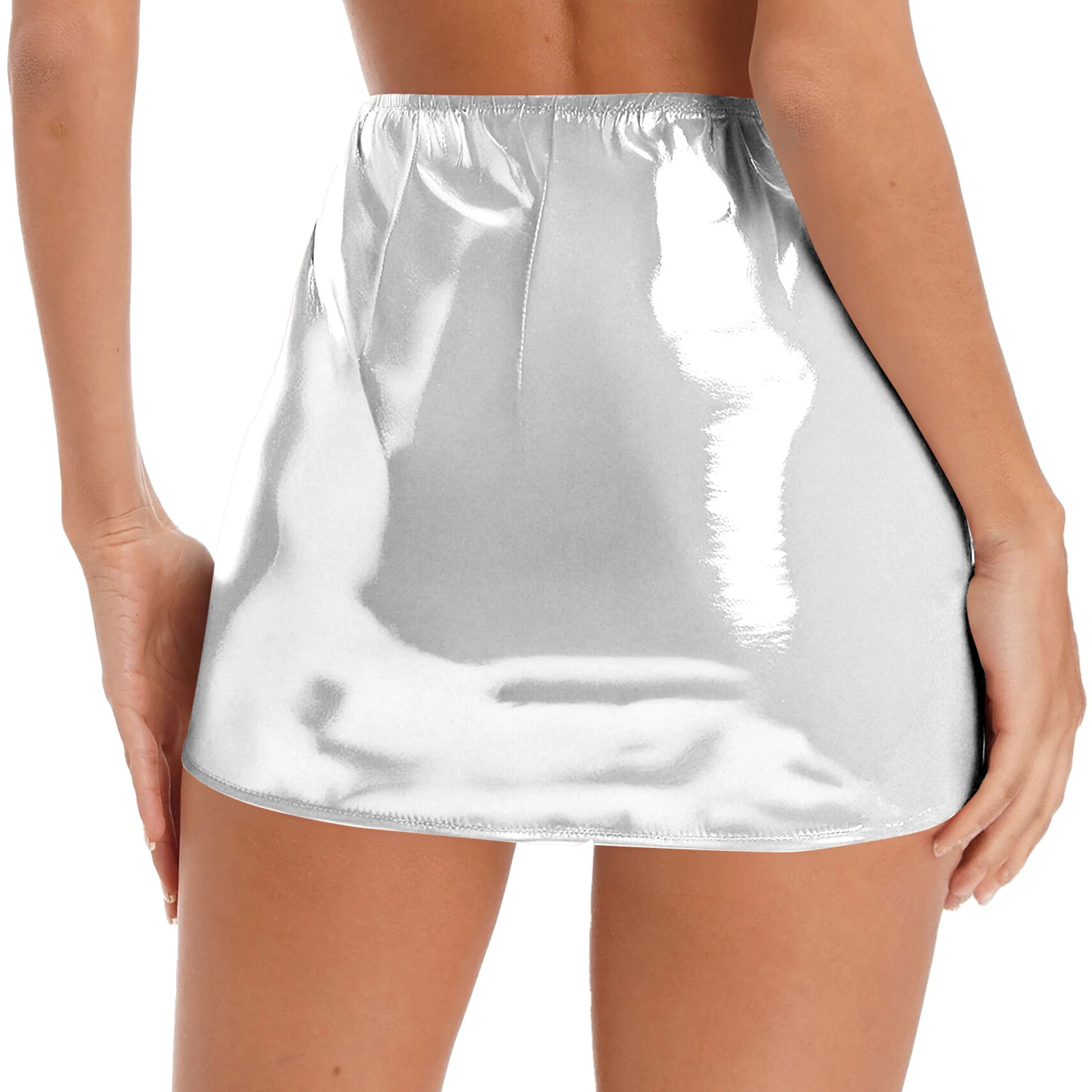 Womens Glossy PU Leather Latex Miniskirt Side Sheer Mesh Front Zipper High Waist Wet Look Bodycon Skirt Rave Party Clubwear