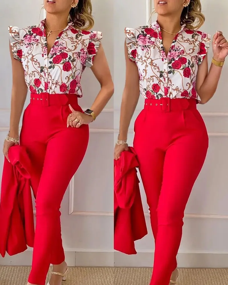 Conjunto de terno de trabalho estampado floral feminino, calça de cintura alta, decote em v, manga de lótus, cinto, verão, 2 peças