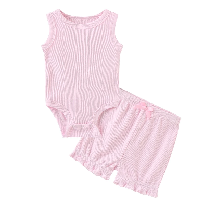 Unisex 2Pieces Bodysuits+Shorts Cotton Baby Girl Clothes Newborn Solid Color Baby Boy Clothes Cartoon Sleeveless Bebes