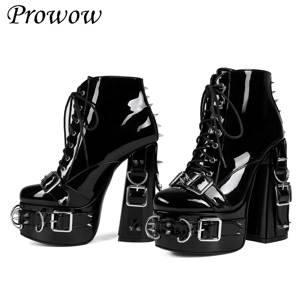 

Черные кожаные ботильоны Y2k с шипами и пряжкой на шнуровке в стиле панк, готики, ботильоны на грубом каблуке, женская обувь Zapatos Mujer