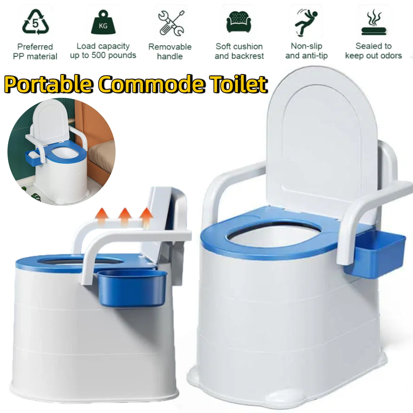 

Portable Toilet Seat Movable Bedside Commode Non Slip Potty Chair Squat Toilet with Armrest for Elderly Disabled for Indoor