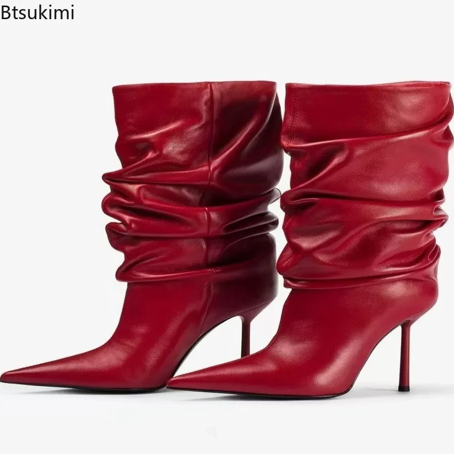 

2025 Women's Spring and Autumn Slim Fit High Heels Knee High Pleated Boots Fashionable Pointed Sleeves Ladies Red Ankle Boots