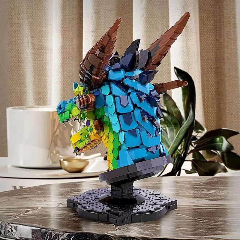 Moc Dragon Head Statue Chinese Zodiac Model Animal Ornament Building Blocks Set Constructor Bricks DIY Toys Birthday Gifts