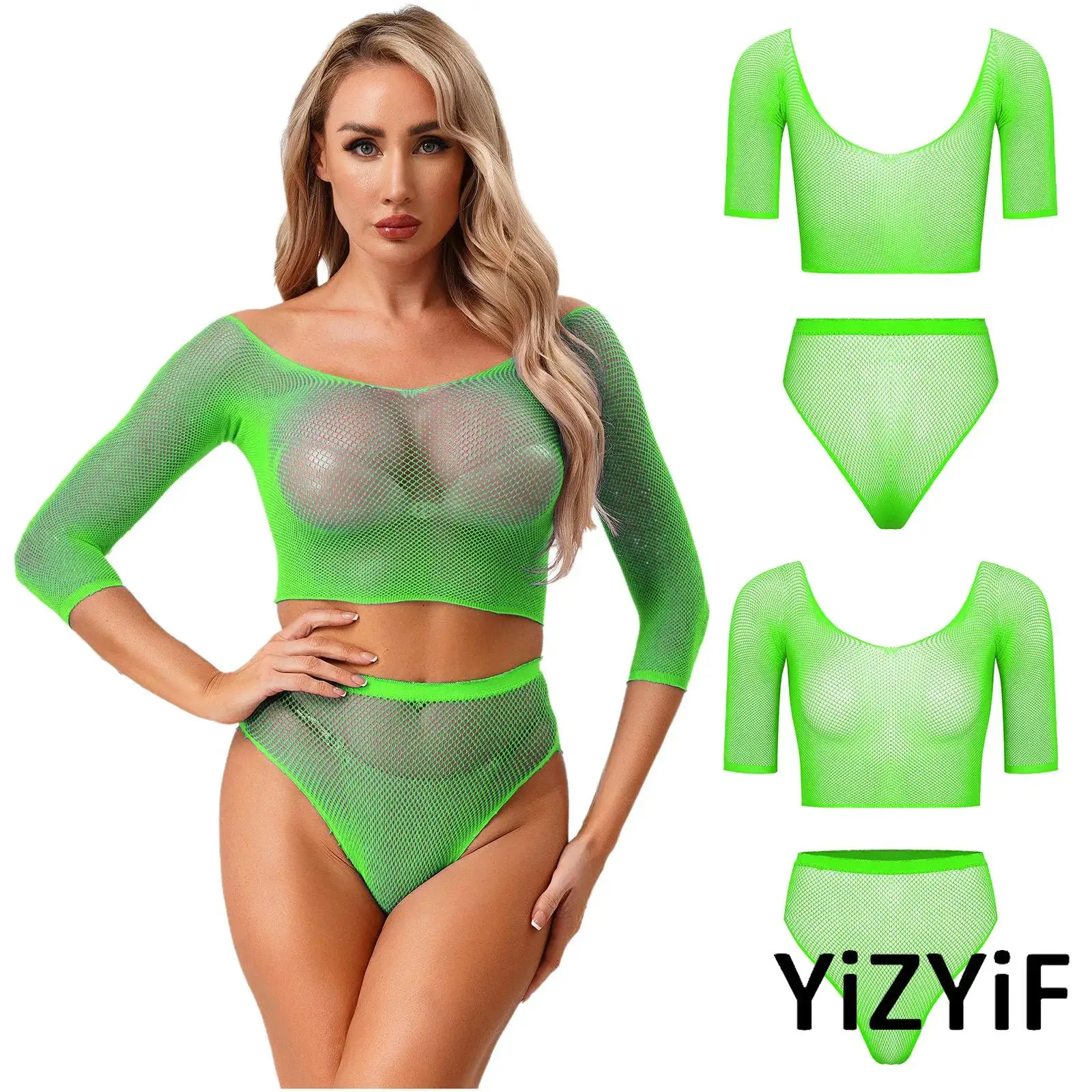

Adults Womens See Through Fishnet Lingerie Set Short Sleeve Crop Top with High Waist Briefs Set for Night Meeting Pole Dance