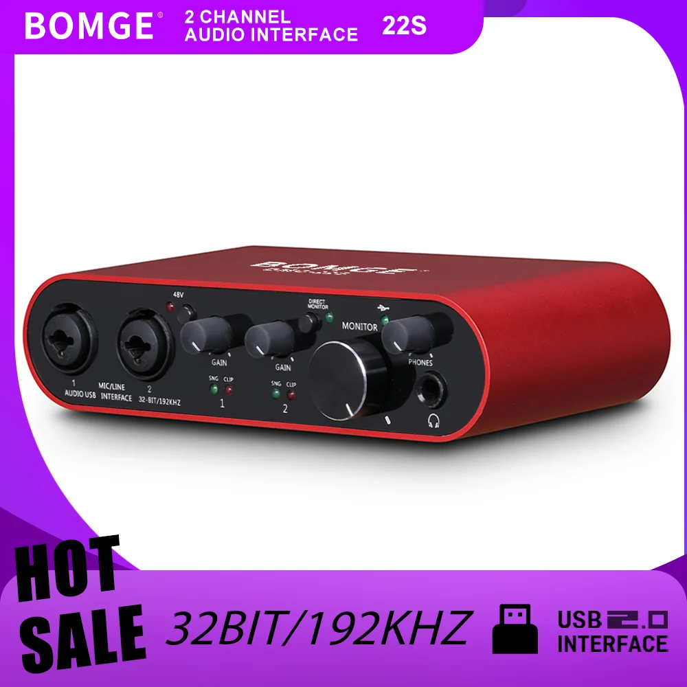 Studio Audio Interface With 48V Phantom - BOMGE, antarmuka audio USB 2 saluran
