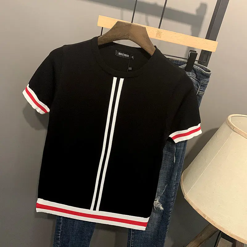 Men's Summer Short Sleeve Knitted Shirt Jacket Korean Slim Stripe Contrast Ice Silk Tee Jacket