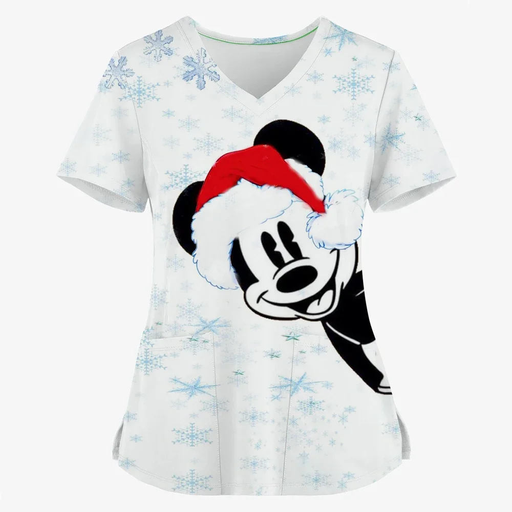 Women's Christmas nurse uniform, Mickey Mouse and Disney Minnie print top, pocket monkey, uniform, nurse shirt