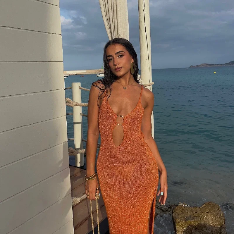 

Metal Ring Link Hollow Out Long Dress Women Chic Sleeveless Backless Sling Knit Robes 2024 Summer New Ladies Party Dresses