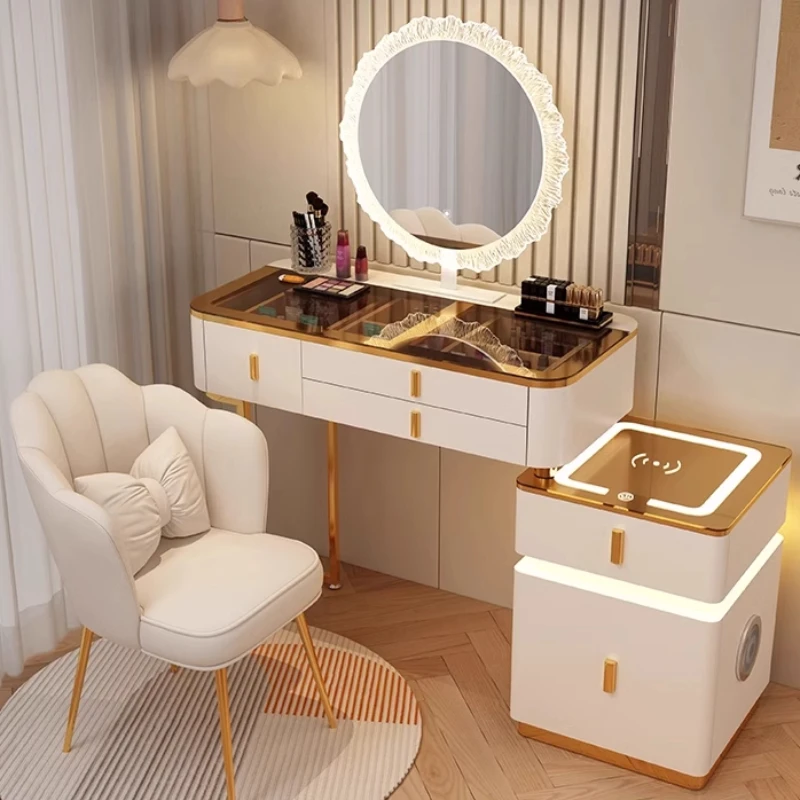 

Jewelry Organizer Luxury Vanity Table Mirror Lights Drawers Nordic Girls Dressing Table Makeup Unique Penteadeira Furniture