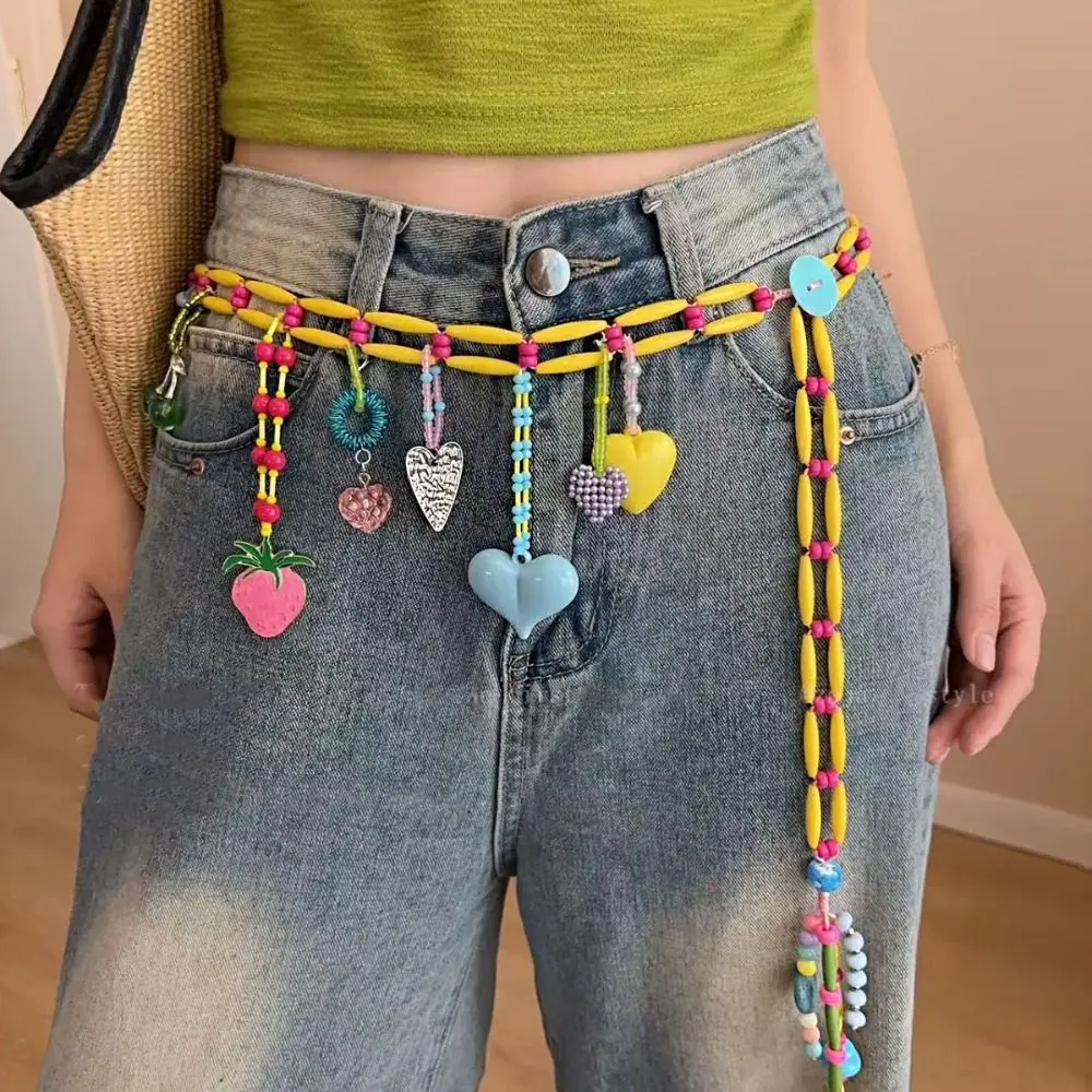 Hollow Out Dopamine Colored Beaded Waist Chain Y2K Harajuku Metal Waist Chain Kawaii Tassel Bohemian Body Chain Jeans Decoration
