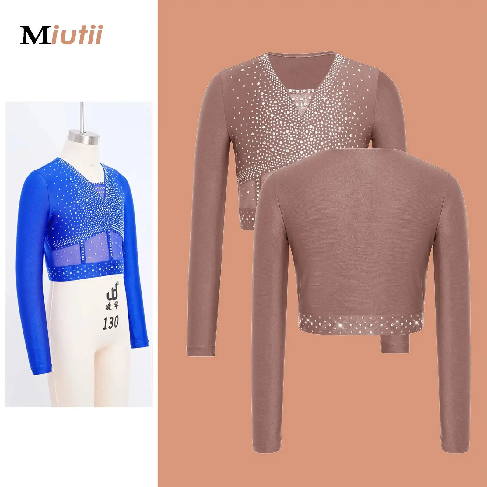 

Kids Girls Gymnastics Acrobatics Dance Top Long Sleeve Mesh Patchwork Shiny Rhinestones Crop Tops Belly Figure Skating Dancewear