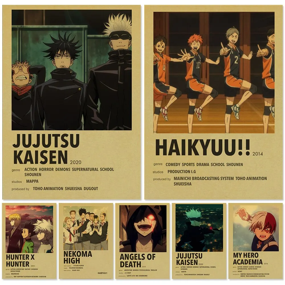 Vintage Anime Poster Art Collection Jujutsu Kaisen Haikyuu Hunter X Hunter MHA  Kraft Paper Wall Decor for Home Cuadros and More