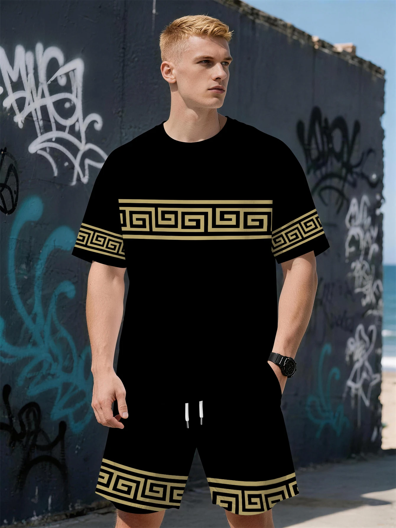 

Новый летний мужской комплект 2026 года с коротким рукавом и 3D-принтом в полоску — уличный повседневный стиль, комфортный и мягкий