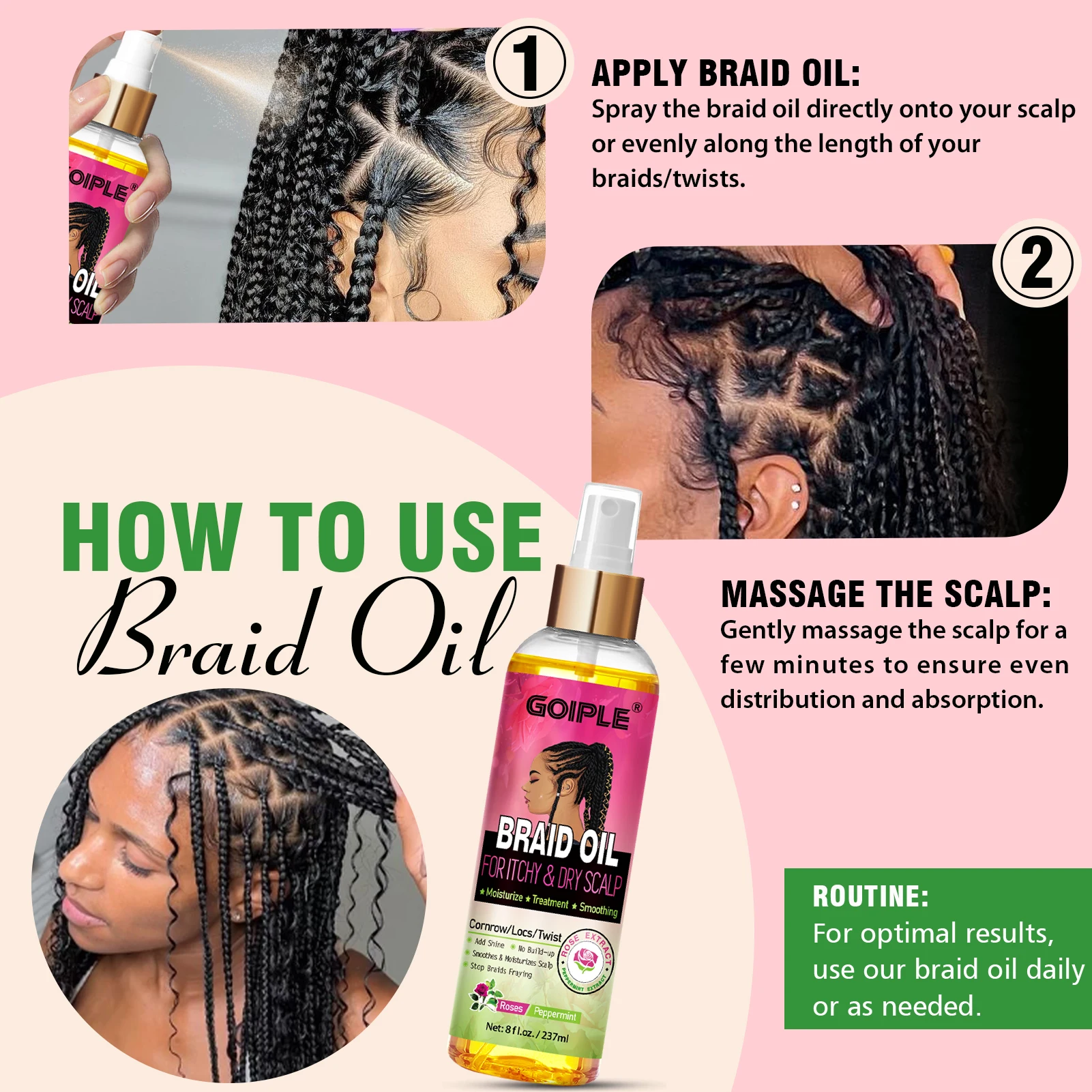 GOIPLE Natural Rose Extract Braid Oil For Itchy Dry Scalp Cornrow Locs Twist Add Shine Smoothes Moisturizes Hair Care Oil view 6