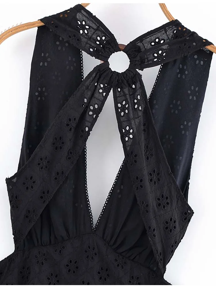 Women Summer MIDI Tank Dress 2025 Vintage Solid V-Neck Embroidery Hollow Out Female Elegant Street Dresses Clothing