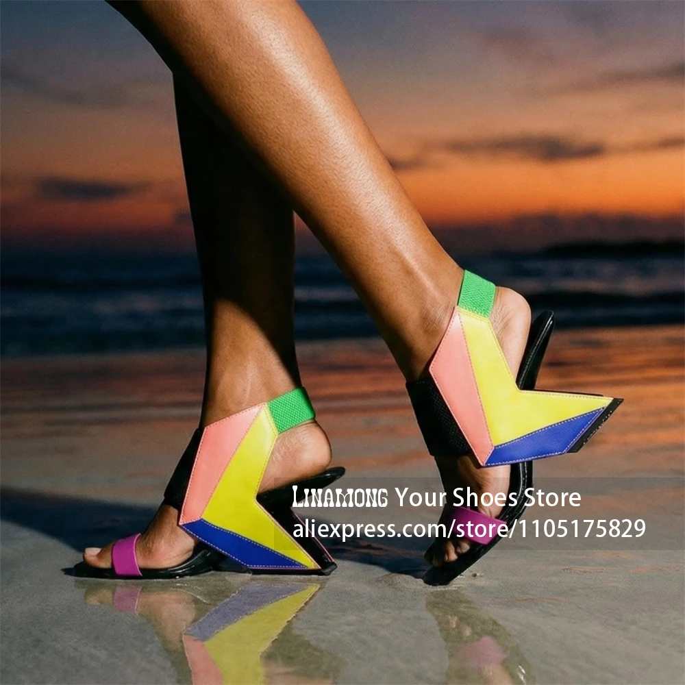 Geometric Block Asymmetrical Heel Sandals Elastic Ankle Strap Square Open Toe High Heels Designer Summer Shoes Fashion Footwear image 2