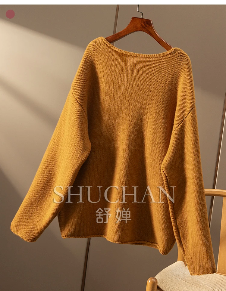 Slash Neck 100% Wool One-word Neck Long Sleeve Sweater Women Casacos De Inverno Feminino  Pull Femme  Sweaters