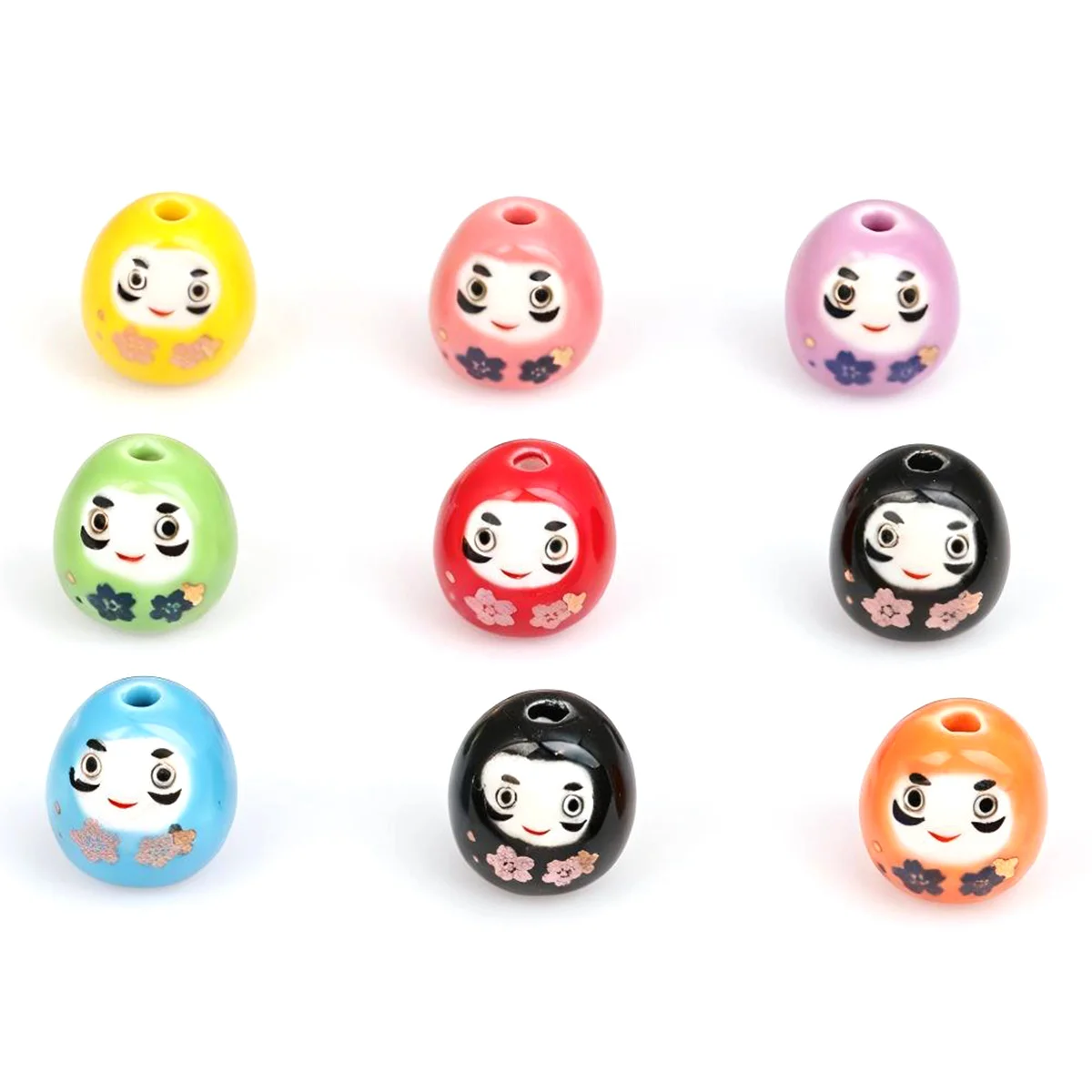 4/9pcs Random Color Sakura Daruma Doll Ceramic Beads 15mm Loose Beads For DIY Bracelet Necklace Hair Accessories Craft Making
