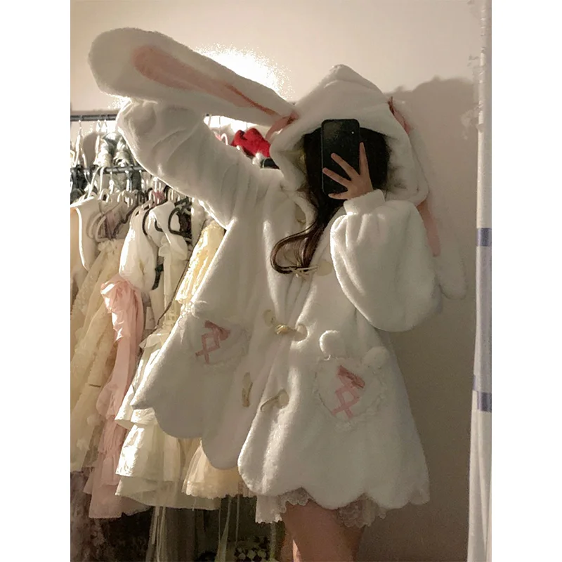 Japanese Sweet Cute Rabbit Ears Furry Coat Women Winter Fleece-Lined Lamb Fur Cotton-Padded Jacket Horn Button Design Fur Coats