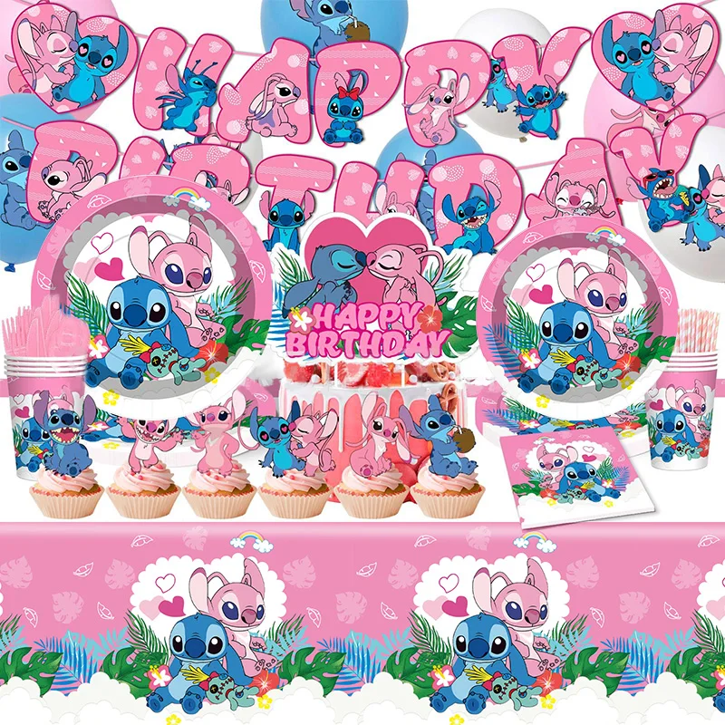 Lilo And Stitch Birthday Decoration Disney Pink Stitch Party Theme Tableware Set Angel Balloons Happy Supplies Kids Girl Favors