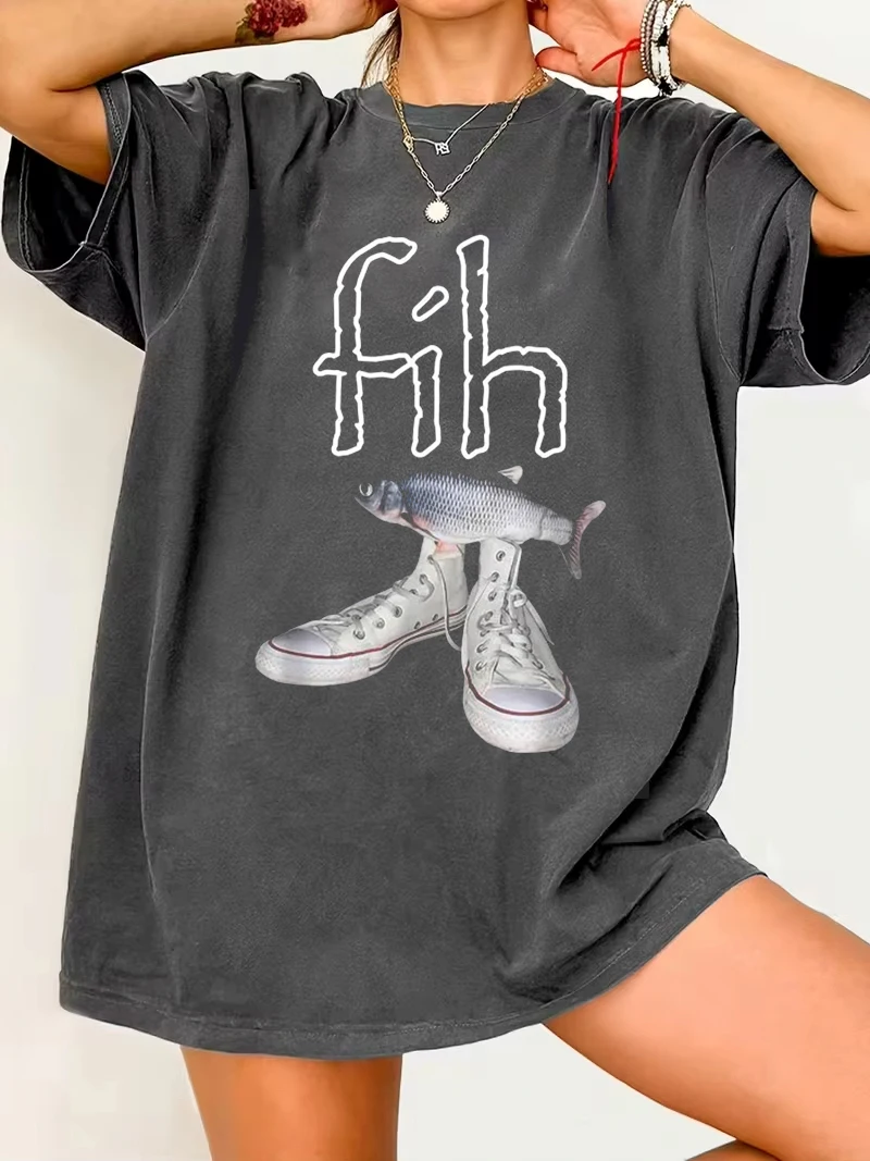 Streetwear Meme Fih Shoes Graphic T-shirt Couple Women Casual Tee Men Cotton Oversized Loose Trendy Vintage Summer Funny  Shirt