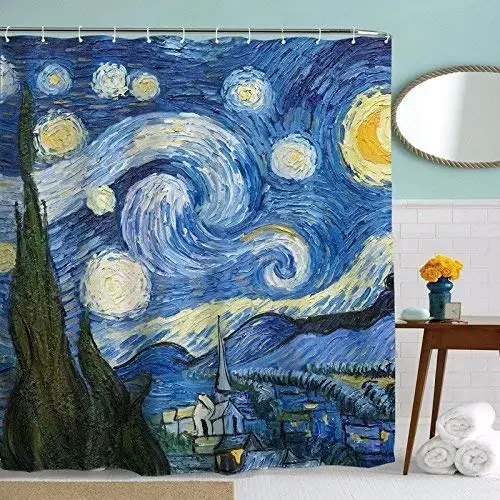 Van Gogh Art Fabric Shower Curtain Starry Night for Bathroom Classic Painting Yellow Blue Pattern