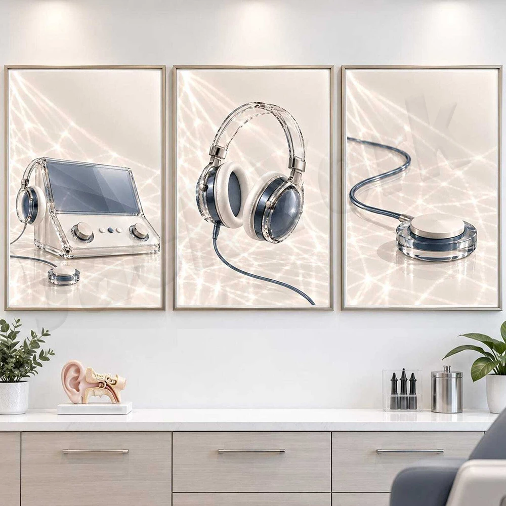 Audiology art, audiometer print, ear irrigator, earmold, hearing aid, ENT clinic decor canvas poster