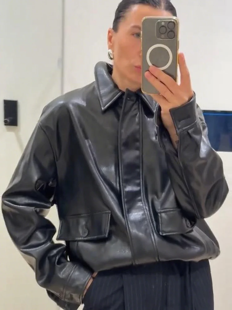 

Fashion Solid PU Leather Jacket for Women Casual Long Sleeve Lady Lapel Loose Coats 2025 Autumn New Female Jackets High Street
