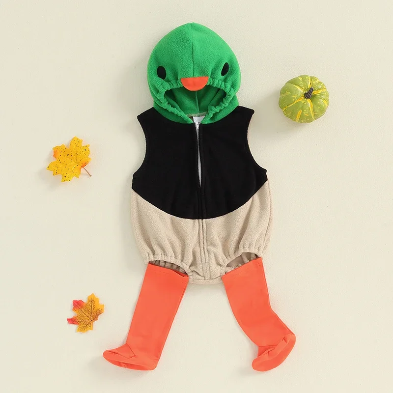 Cute Baby Duck Costume Sleeveless Hooded Zipper Closure Romper with Leg Warmers Halloween Christmas Cosplay Costume
