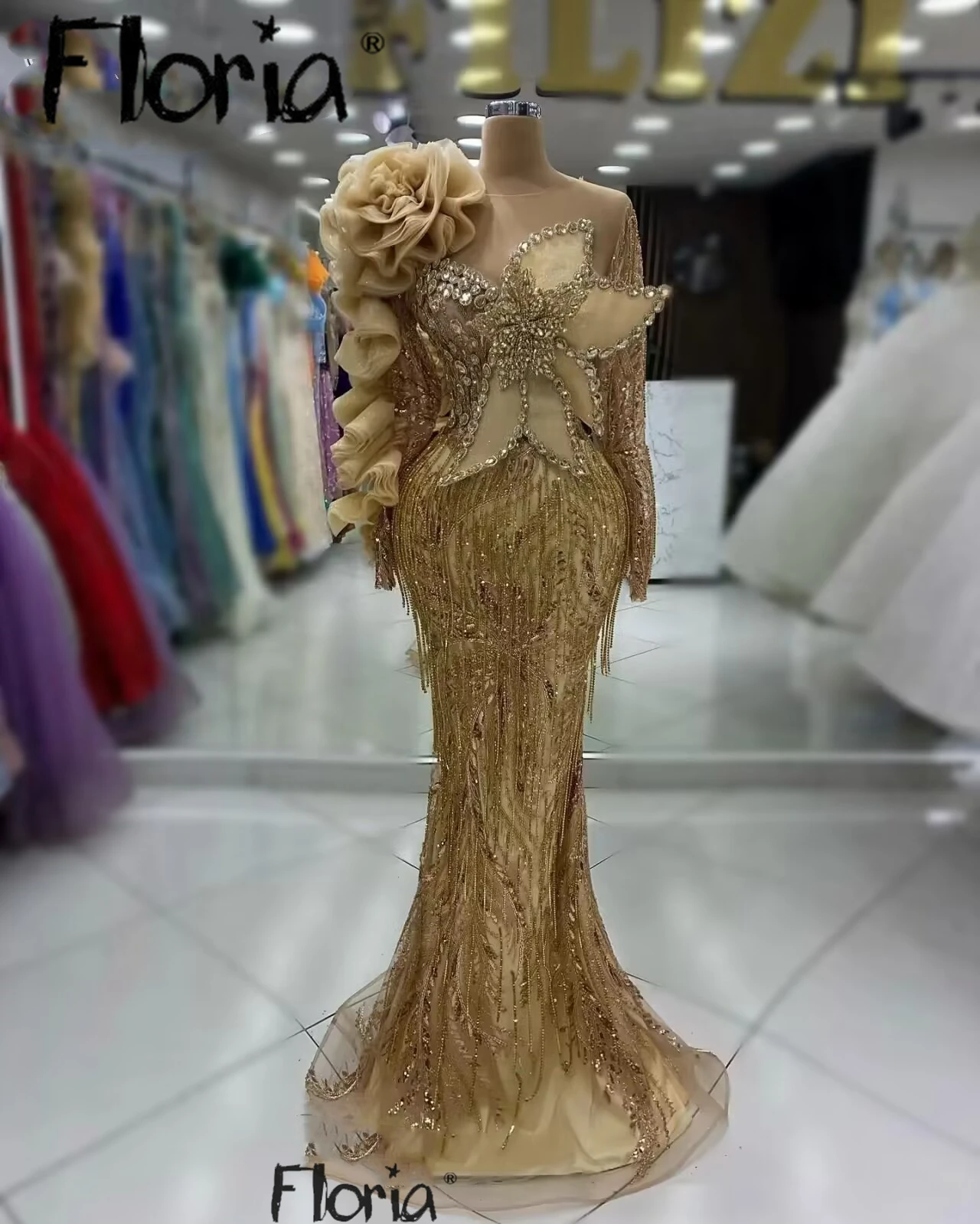 Gold Gorgeous Ruffles Evening Dress Arabic Wedding Party Gowns Customize Plus Size Occasion Dresses Womne Formal Long Prom Gowns